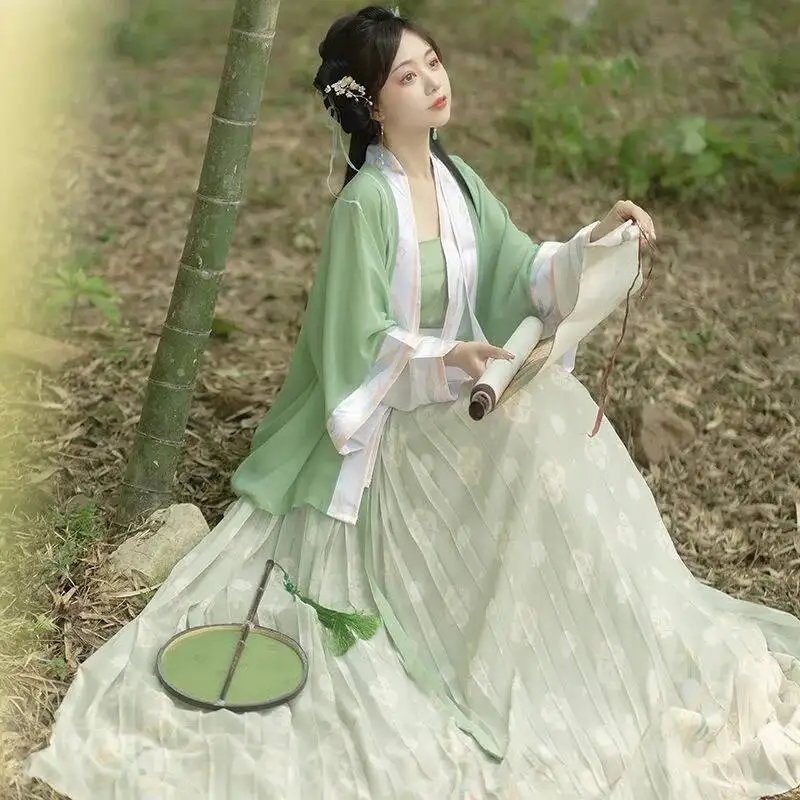 طقم فستان هانفو الصيني فستان مطوي أخضر معجون الفول فستان مطرز صيني تقليدي للنساء أزياء كلاسيكية آسيوية #3