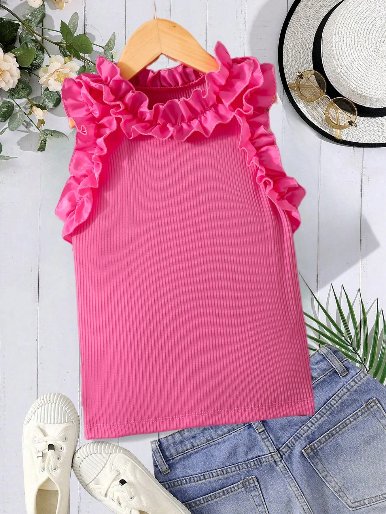 Summer children\'s girls fashion wooden ear collar sleeveless pit strip breathable vest foreign comfortable all rose red top