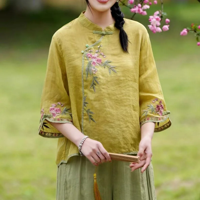 

Vintage Chinese Ethnic Style Shirt Women's Stand Collar Embroidery Elegant Blouse Summer Three Quarter Sleeve Cotton Loose Tops