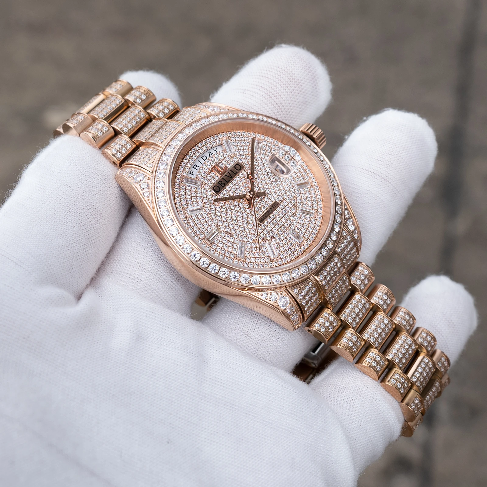 

OBLVLO мужские роскошные автоматические часы из розового золота с бриллиантами и датой, водонепроницаемые механические часы-браслет с днем RX-AD