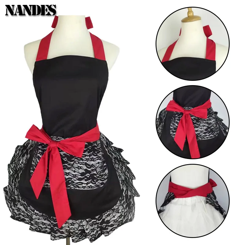 Black Red Lace Apron With Pocket Retro Sexy Pinup Aprons For Kitchen  Cosplay Costume Cooking Oilproof Aprons for Women Girls - AliExpress 15