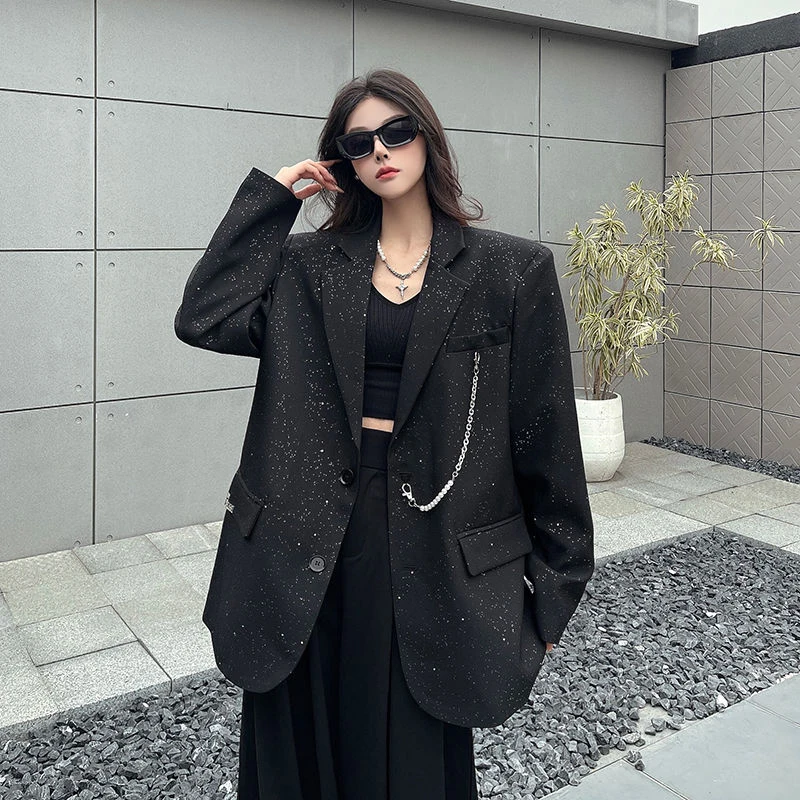 블랙 스팽글 패션 블레이저 여성 우아한 느슨한 체인 패치 워크 세련된 정장 재킷 간단한 Office 레이디 특대 어깨 패드 코트