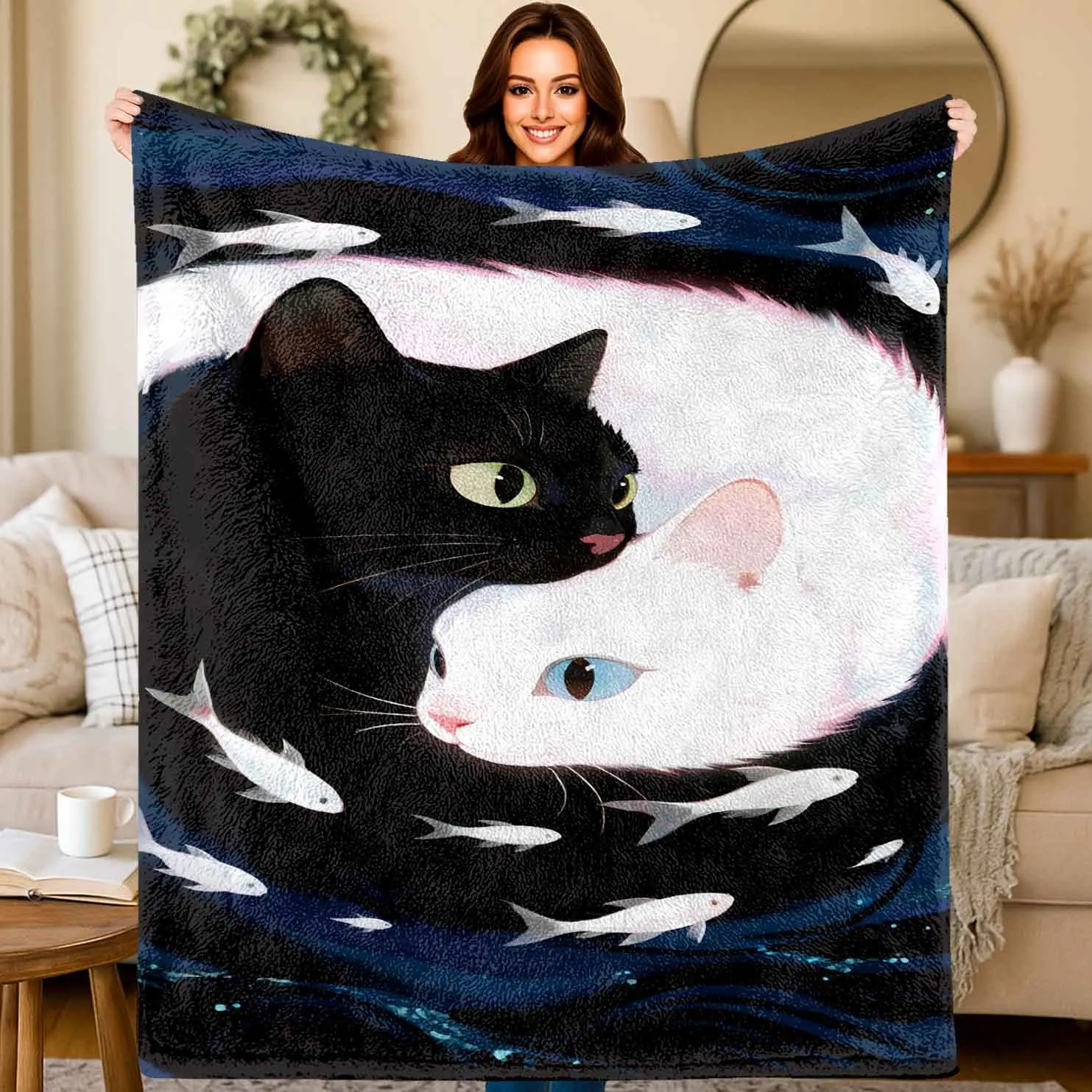 

Фланелевое одеяло с принтом тай-чи на тему кошки, подходящее для всех сезонов, подходящее для гостиной, офиса, дивана и путешествий.