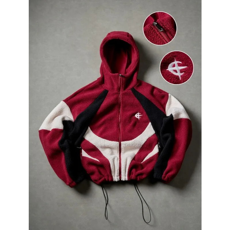 

Мужская флисовая куртка с капюшоном в американском стиле, пэчворк, осенне-зимняя, теплая, оверсайз, в стиле хип-хоп, уличная мода