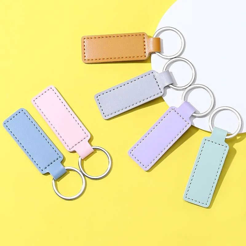 Personalized Logo Solid Color Creative PU Leather Key Chain Ring Custom Name Simple Business Gift Pendant Couple Bag Decoration