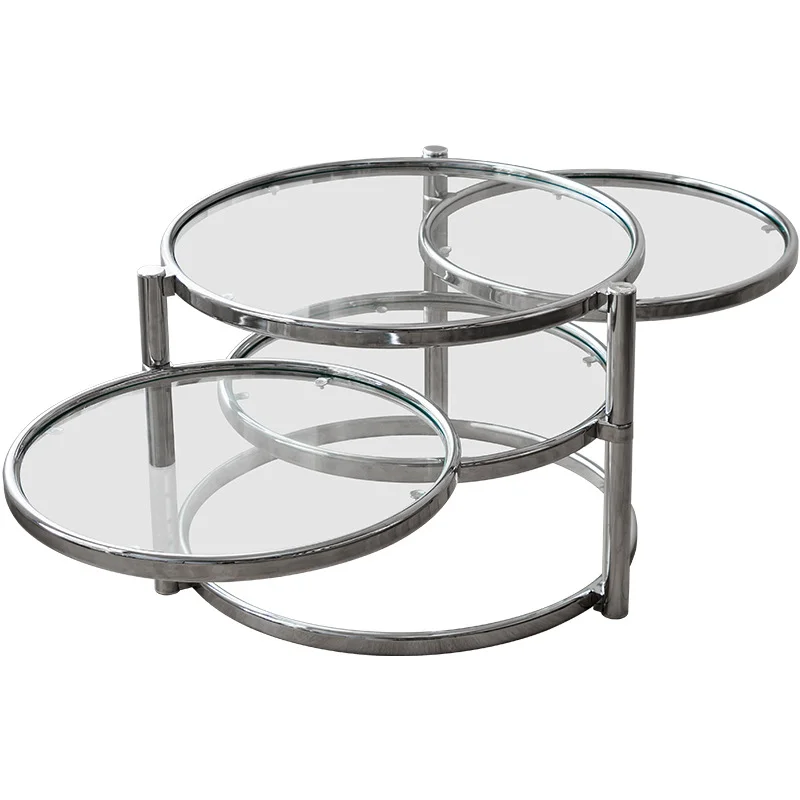 

Coffee Table Household Stainless Steel Tea Table Light Luxury Living Room With Movable Rotating Edge Table in Tempered Glass