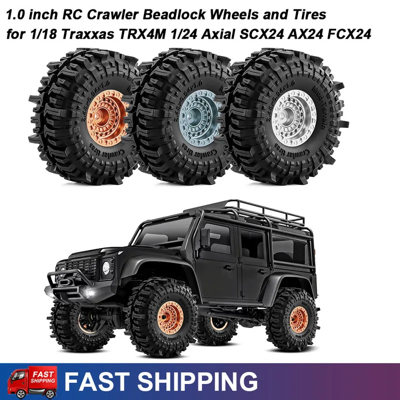 1.0 inch Metal Beadlock Wheels Rims Tires Set for 1/18 Traxxas TRX4M 1/24 Axial SCX24 AX24 FCX24 RC Crawler Upgrade Parts