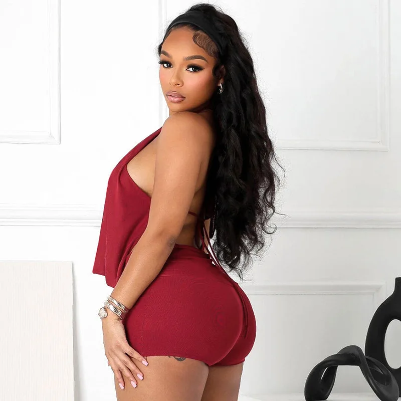 Stijlvolle sexy 2-delige set mouwloos swinghals halternek uitgevouwen rug mini shorts straatkleding strak elastisch pak vrouwelijk