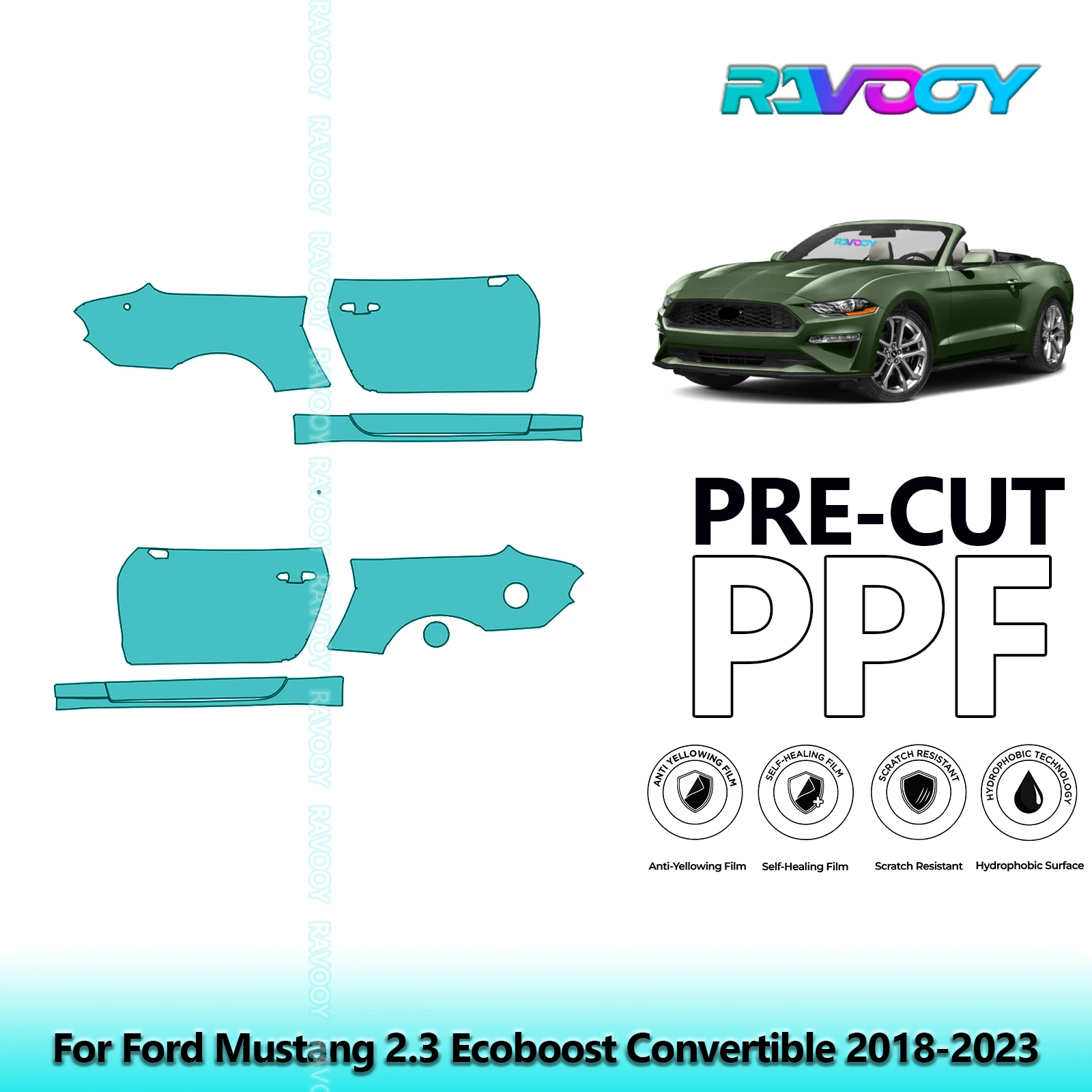 

For Ford Mustang 2.3 Ecoboost Convertible 2018-2023 8.5mil Pre-Cut PPF Door & A/B Pillar Kit TPU Paint Protection Film Set