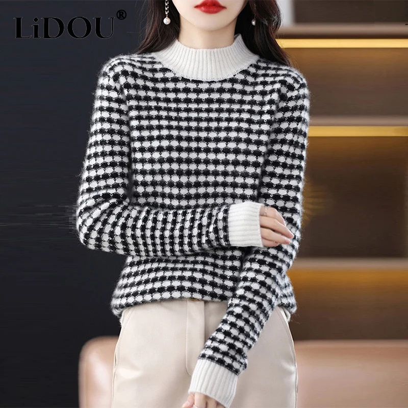 

Autumn Winter Vintage Houndstooth Patchwork Bottoming Sweater Female Loose Casual Fashion Jumper Top Women Knitting Pullovers