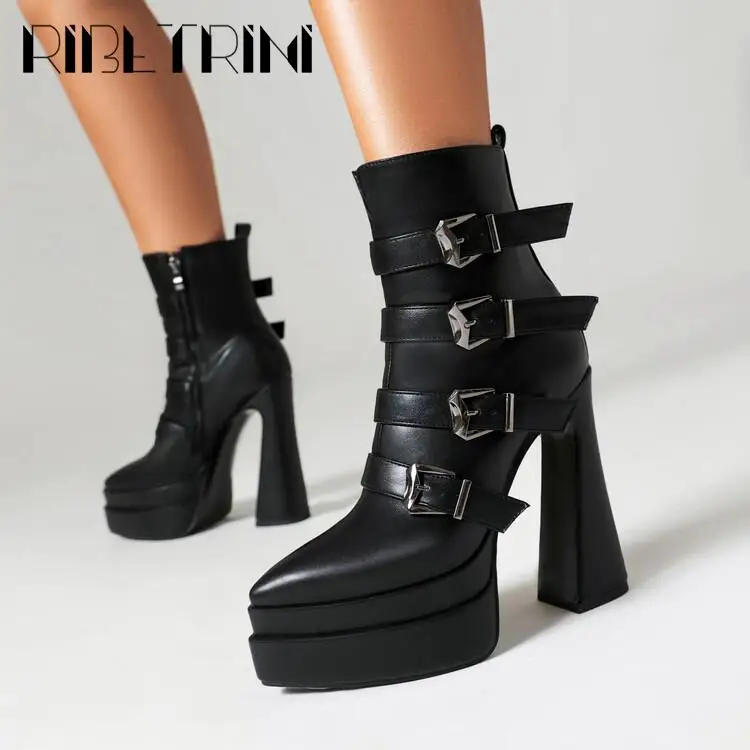 Platform Women Boots Pounted Toe High Heeled Double Platform Shoes Ankle Buckle Punk Goth Cool Fashion Brand Winter Boots Woman