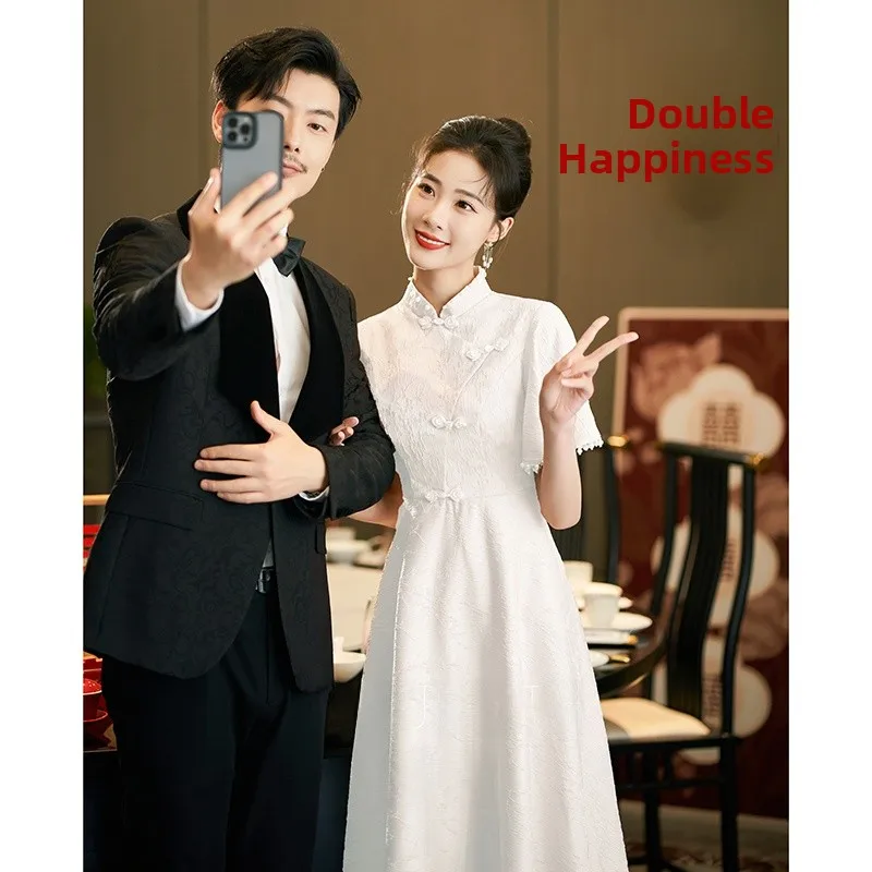 

White Engagement Dr Materni Qipao Wedding Dr High Waist A-Line Skirt ort Sve Zipper Ba Ele Evening Gown