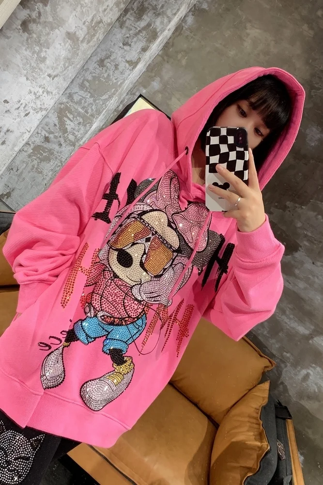 Luxury Sparkling Diamond Cute Age Reducing Women Hooded Pullover Top Pink Sweatshirt Oversize Mid-long Trendy Cotton Hoodies