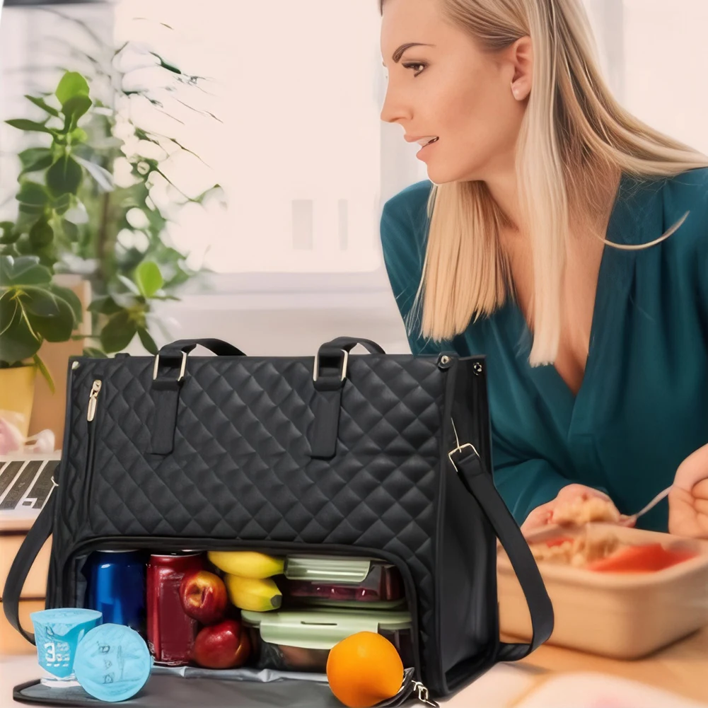Women Business Lunch Bag Multi-Function Quilted Handbag with Purse Multi-Compartment Large Capacity for Camping Picnic