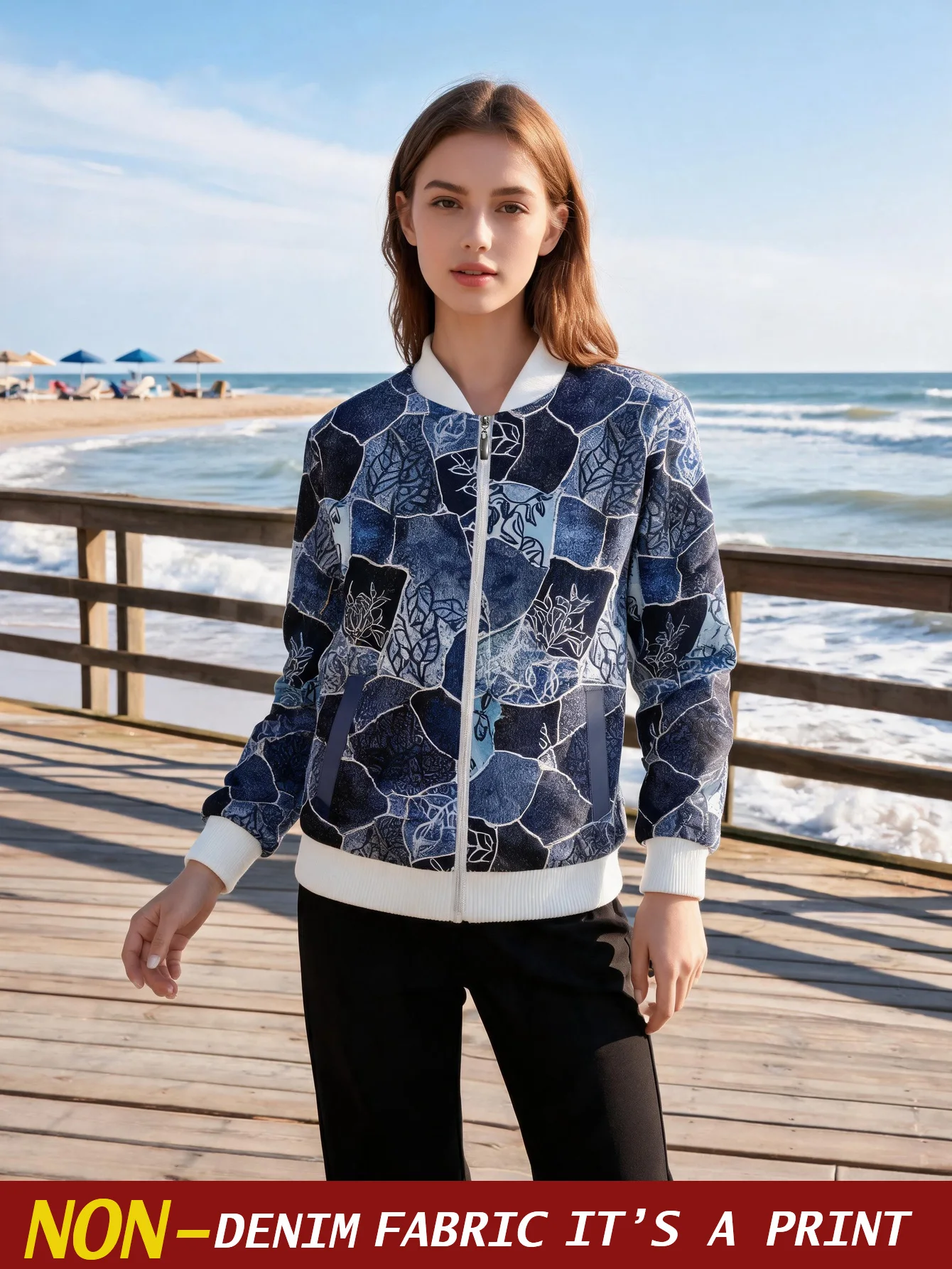 2026 new denim printed women's baseball jacket, women's slim fit top, autumn and winter baseball jacket