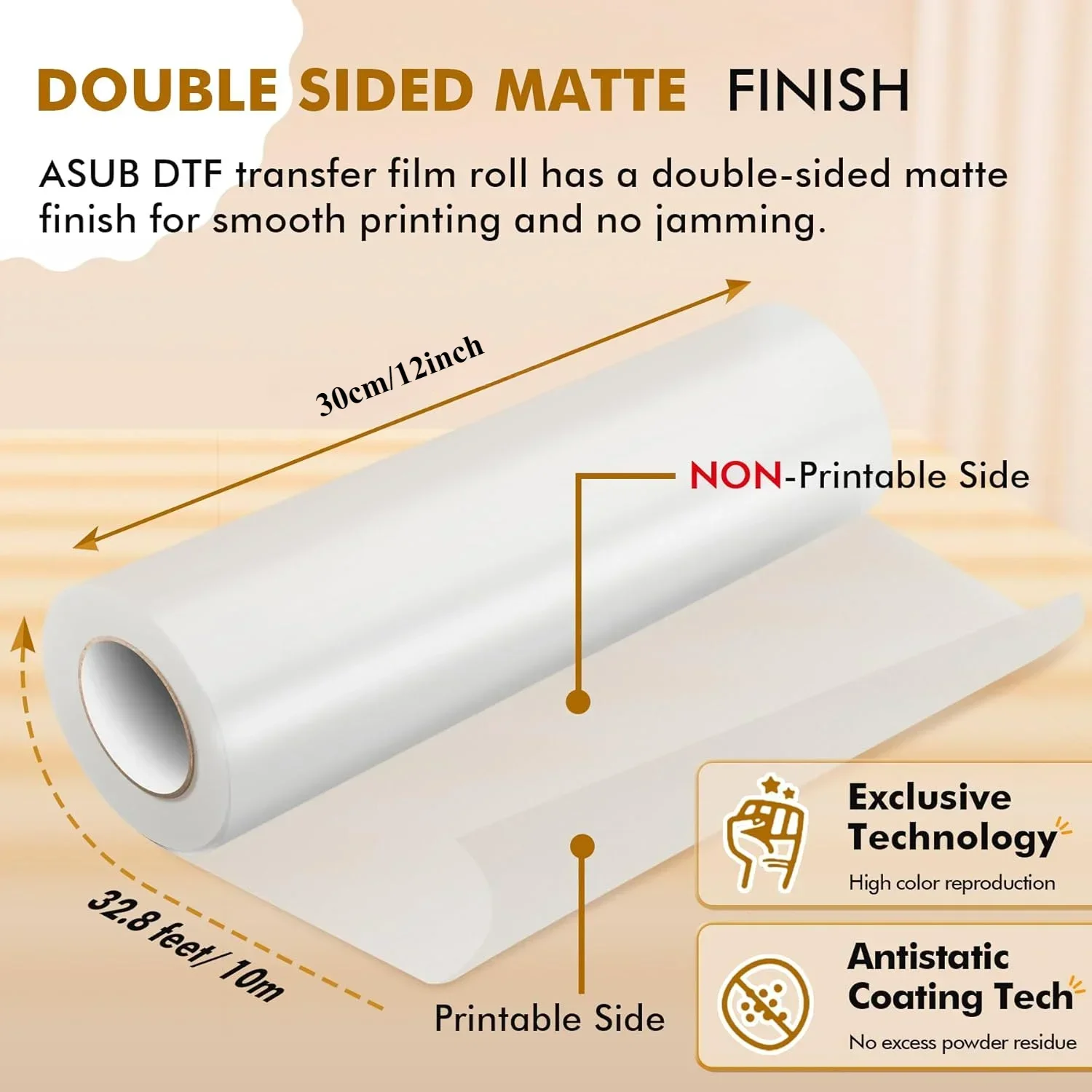 12“x32FT(10m）Double-Sided Matte DTF Transfer Film Roll for Sublimation and Inkjet Printers-PET for T-Shirts and Fabrics