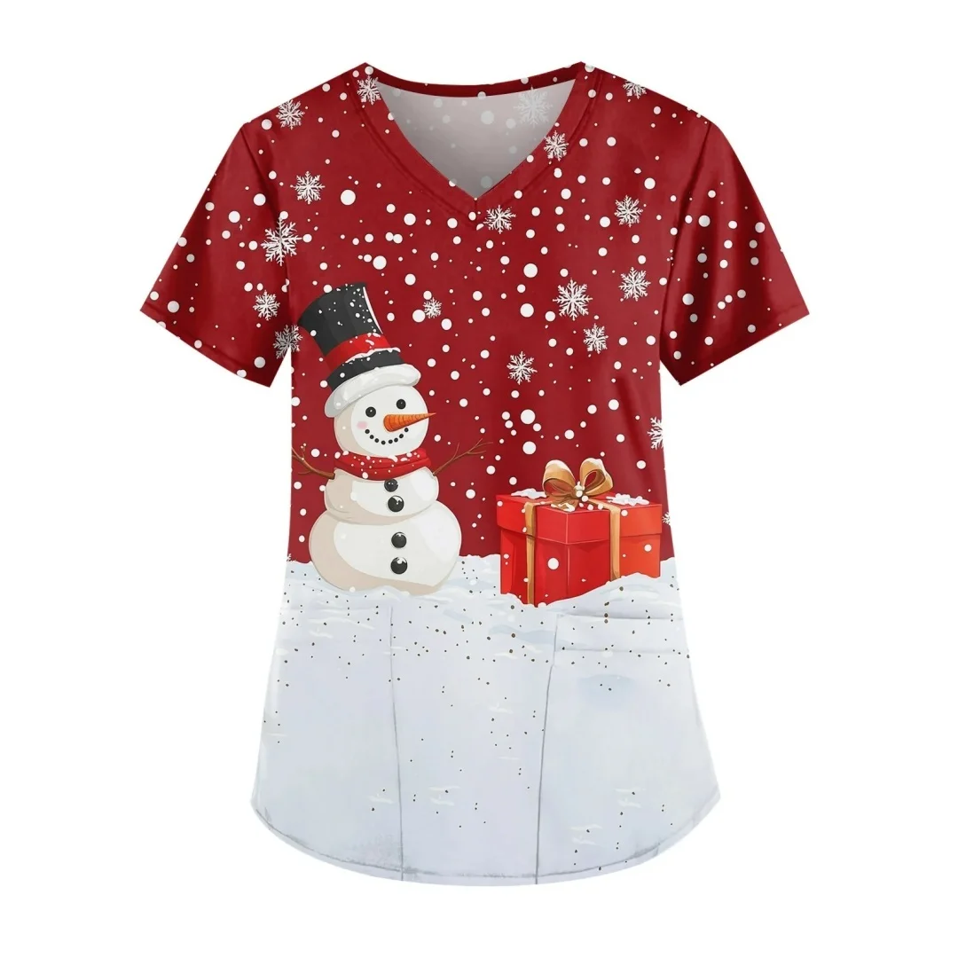 

Униформа для кормления, рождественская снежная серия с принтом, летняя женская униформа с v-образным вырезом, матовая с короткими рукавами, рабочая униформа для врача, униформа медсестры, одежда