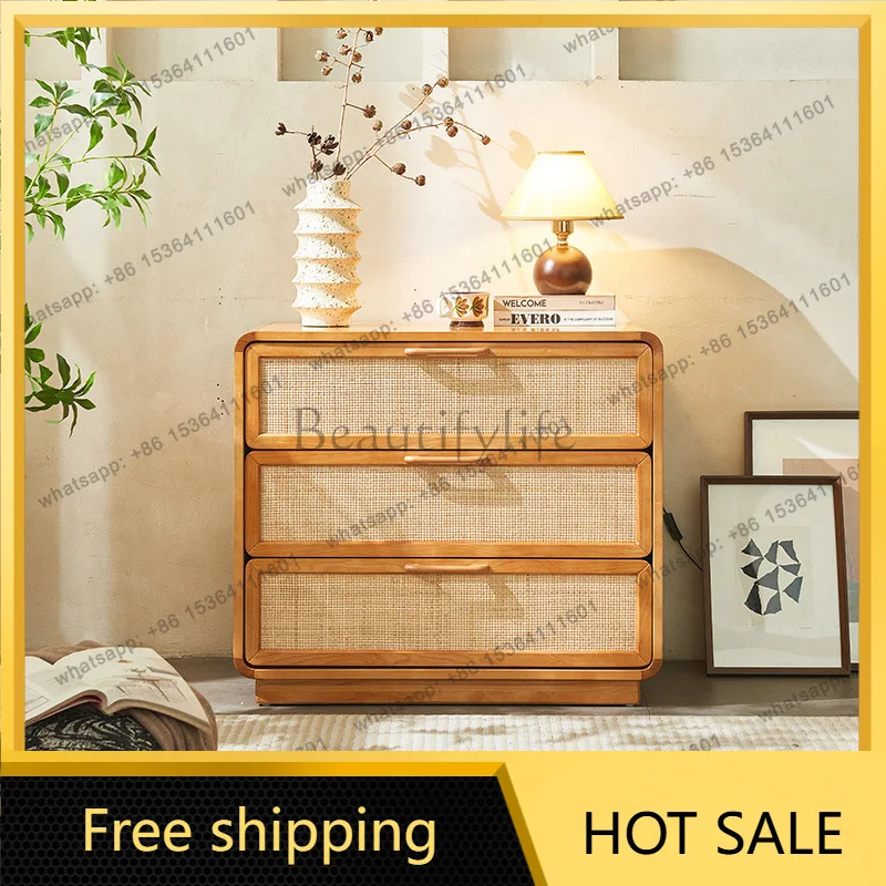 FG Nordic solid wood multi-functional bedside table rattan storage simple modern locker