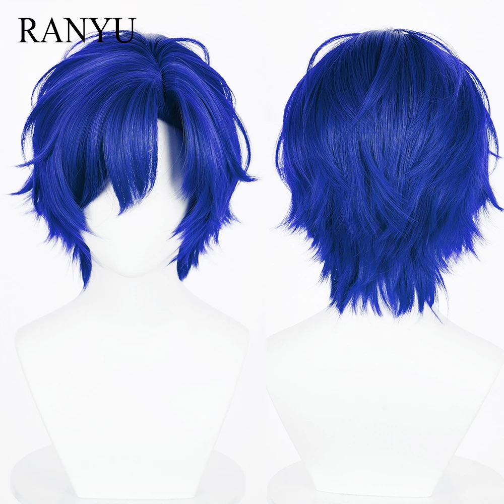 

Синий короткий прямой пушистый аниме-игровой парик для косплея, средняя часть, синтетический термостойкий парик для повседневной вечеринки