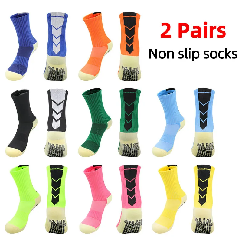 

2 Pair Anti Slip Soccer Socks Adults Men Non Slip Grip Socks Football Baseball Rugby Towel Bottom Breathable Mid-Tube Sport Sock