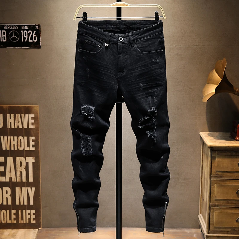 Pantalones vaqueros rasgados elásticos para Hombre, Jeans negros de moda, pantalones Punk con cremallera inferior, pantalones de Hip Hop de diseñador