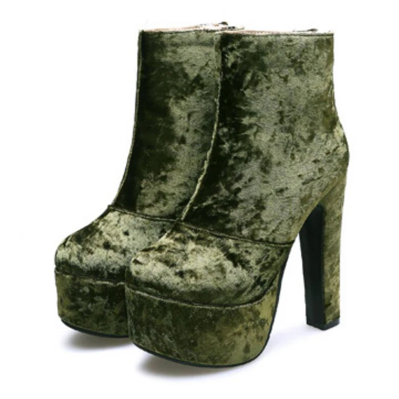 

Fashion Platform Chunky High Heel Green Blue Claret Velvet Ankle Boots Solid color Woman Party Outfit Short Booties Shoes