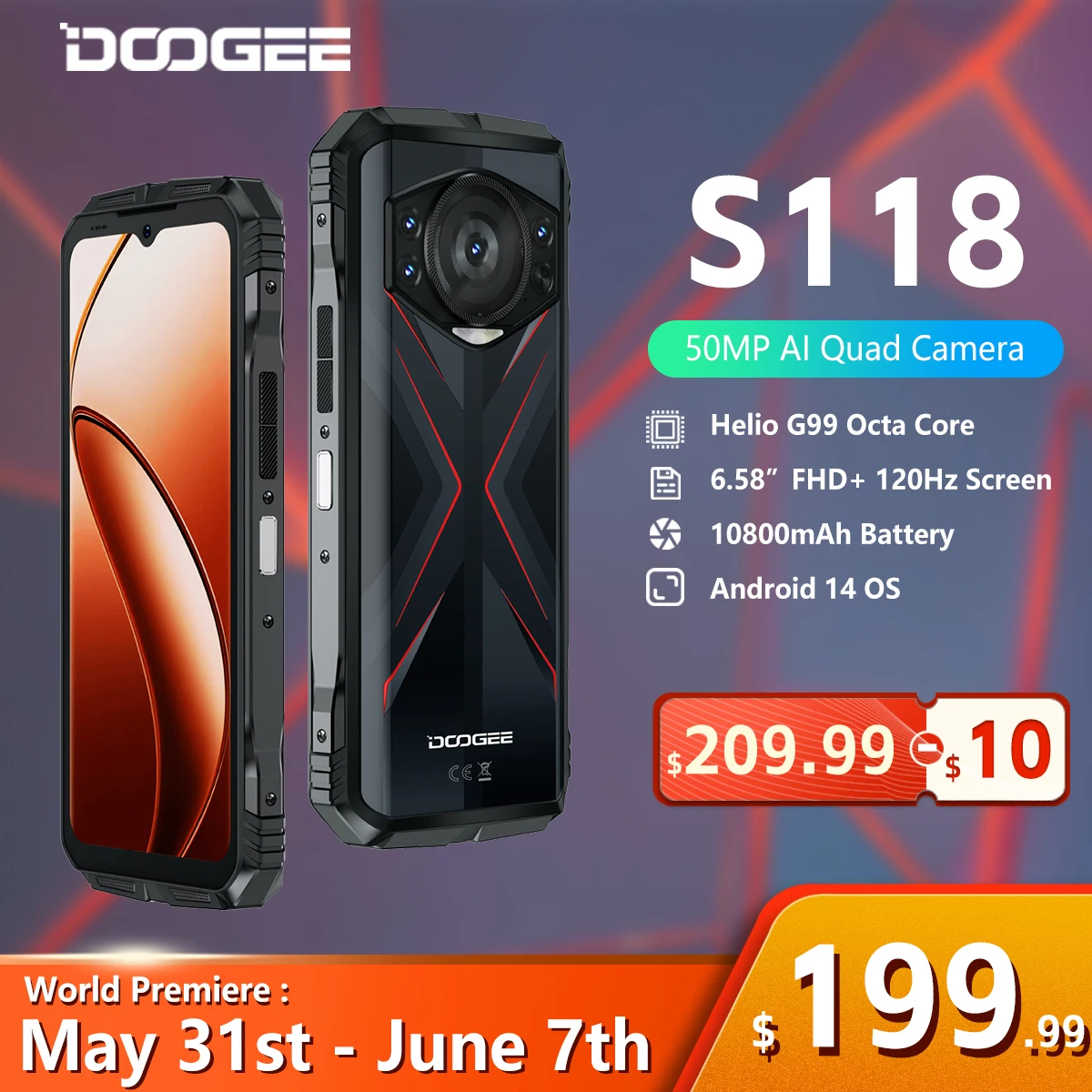 DOOGEE S118 러기드 스마트폰, 안드로이드 14 휴대폰, 6.58 인치 FHD + 스크린, 50MP 카메라, 20GB(8GB + 12GB 확장), 512GB, 월드 프리미어 