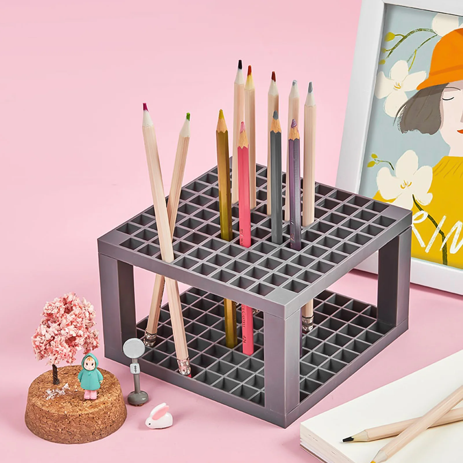 

2Pcs Pen Holder Square Paintbrush Stand Large Capacity Desktop Storage Rack for Art Supplies Makeup Brushes Watercolor Pens