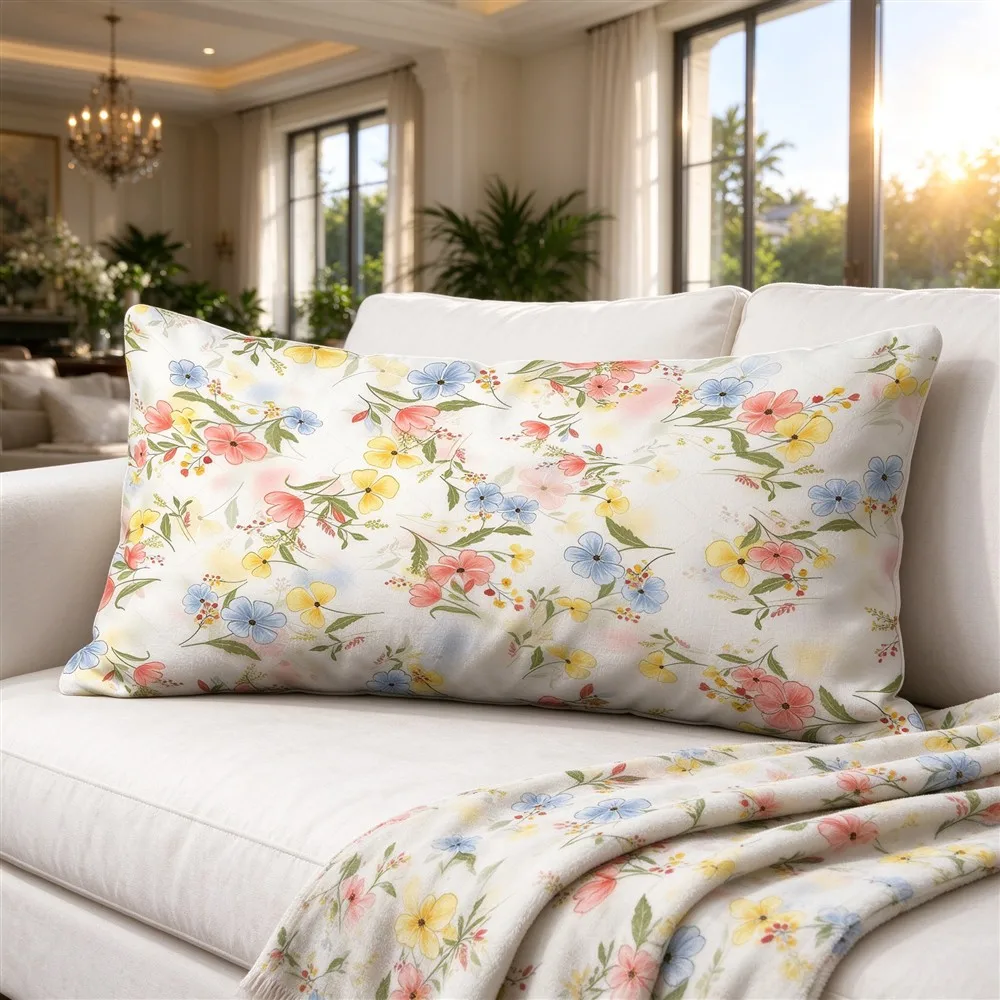 Yellow Pink Sunny Bloom Print Long Pillow Cover, Bright Style, Villa Decorative, Polyester, Birthday Gift, Durable, Home Accent