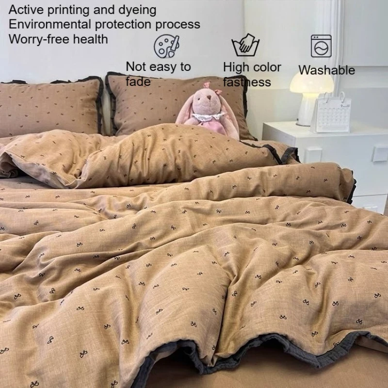 French Style Lace Bedding Set 3/4PCS - Wash Cotton Duvet Cover & Pillowcases Soft Breathable Active Printing for Home Bedding