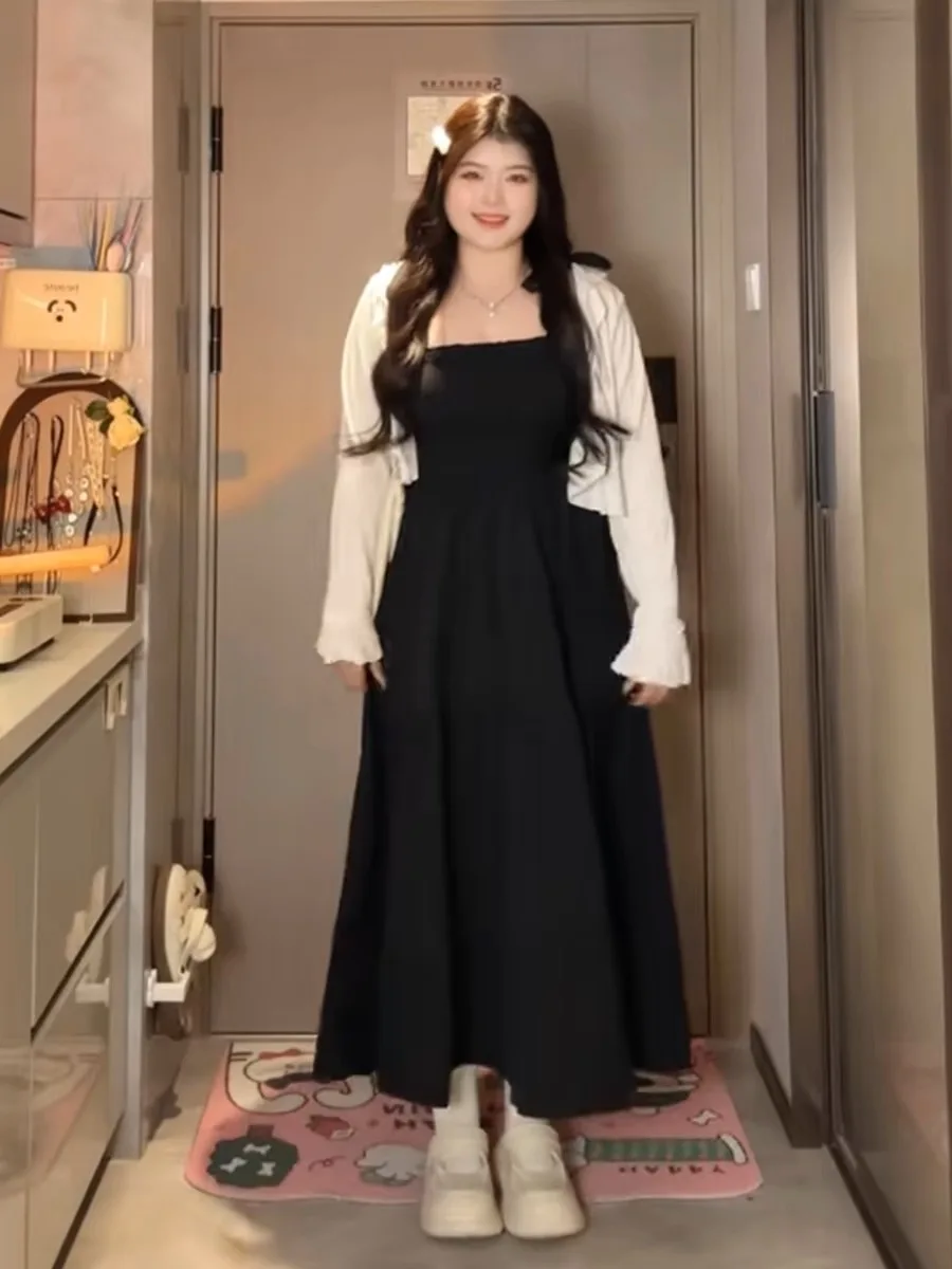 plus Size Summer Women's Dr Set with Strap High Waist A-Line Skirt Conceal Belly Hide Meat Pear ape Body Cardigan Two-Pi...