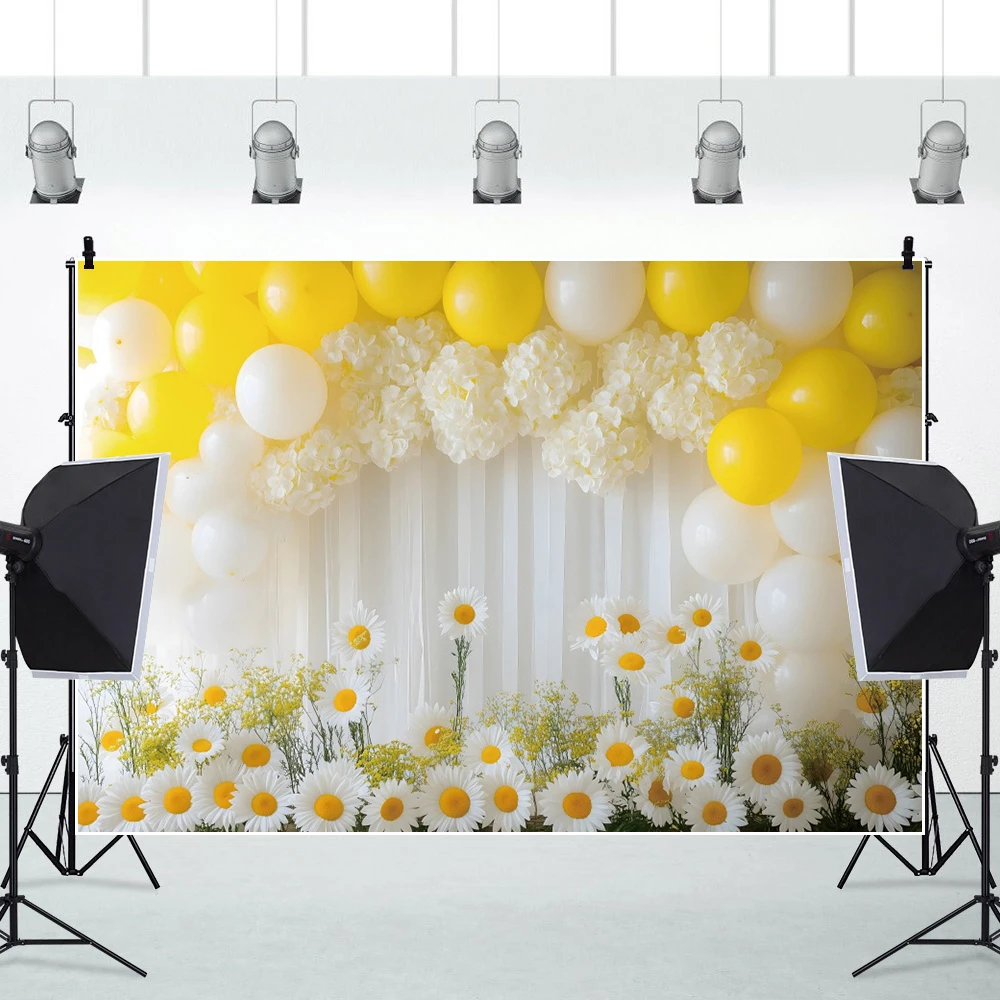 Daisy Birthday Decoration Background Colorful Flower Balloon Curtain Baby Shower Photography Backdrop Cake Table Decoration