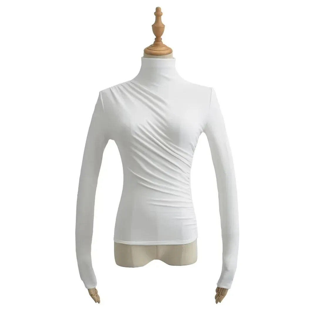 Sexy plissado base cabida irt f gola alta elástica fce forrado camiseta feminina faionable busin longo sve poliéster