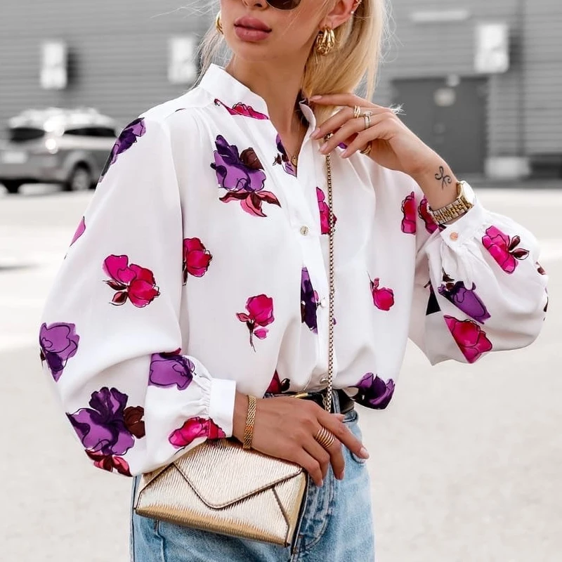 Vintage Long Lantern Sleeve Button Up Shirts Autumn Floral Shirt Women Tops Office Lady Fashion Print Blouse Women Clothes 28993