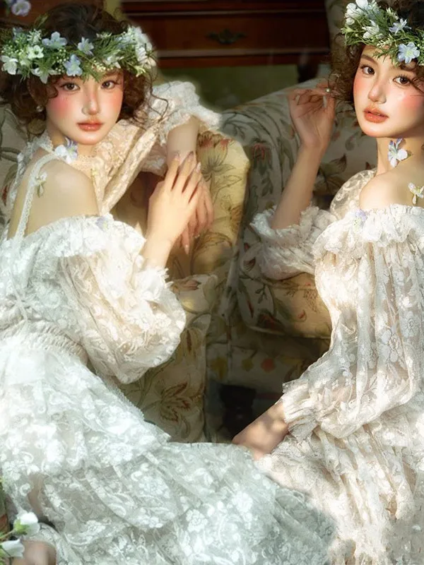 

Fashionable Retro Lace Dress Photography Costume Oil Painting Atmosphere Photography Studio New Arrival Women's Ethnic Wear