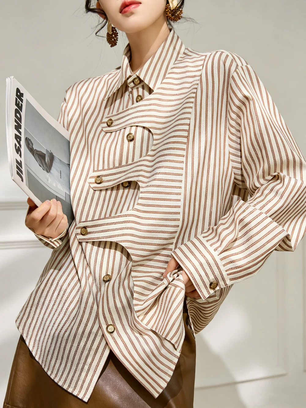 Fashion Brown Striped Loose Women Blouse Spring Autumn