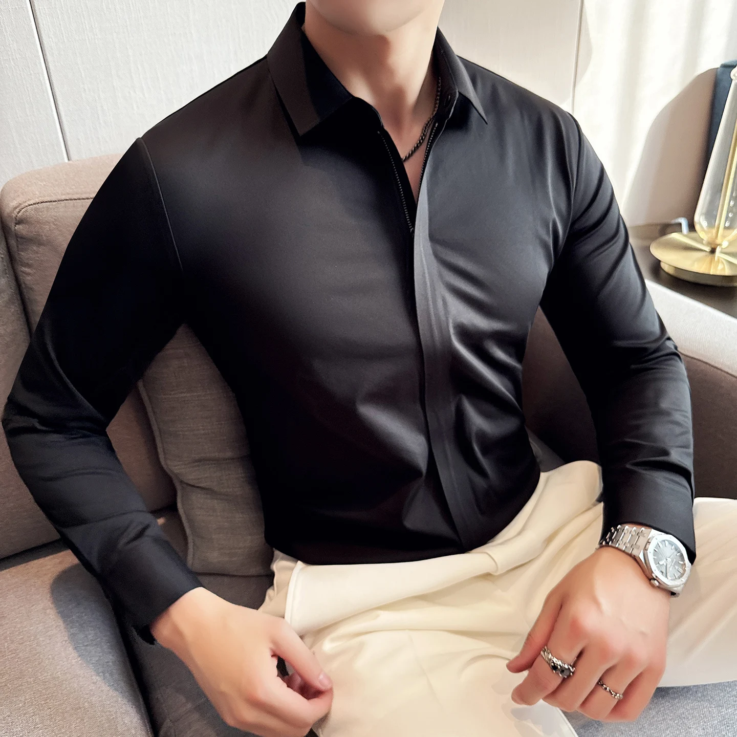 High Quality Seamless Elastic Business Shirt for Men Long Sleeve Casual Social Office Shirts Comfortable Streetwear Men Clothing