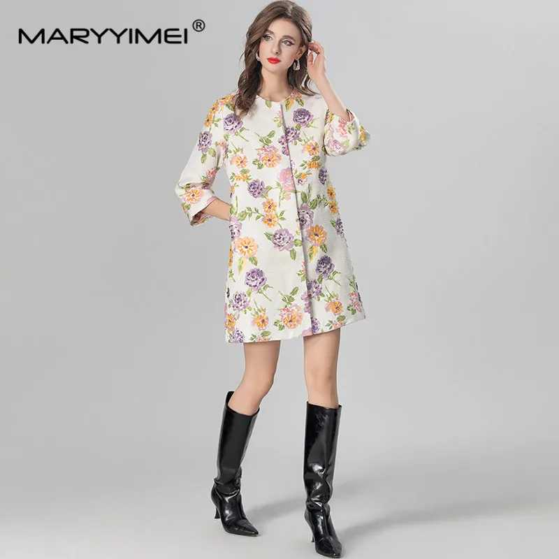 MARYYIMEI Romantic Daily Basic Vacation Style Women's Coat Three Quarter Sleeve Single-Breasted Beading Flower patterns Overcoat