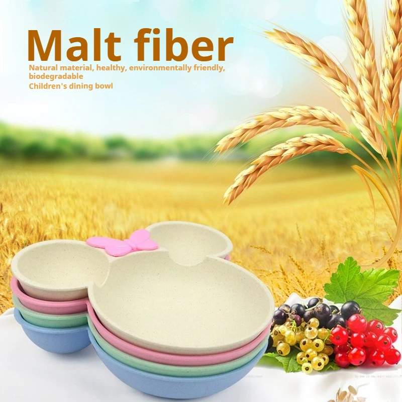 Kids' Wheat Straw Tableware Set Mickey Shaped Divided Plate Nordic Colors Eco Friendly&Degradable Baby Feeding Bowl&Utensils