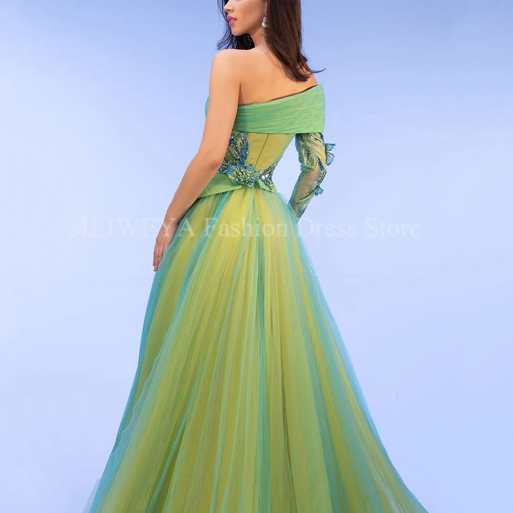 Vestidos de Noche de moda sin tirantes hasta el suelo, apliques de línea A, manga de un hombro, contraste verde y amarillo, vestidos de graduación para mujer