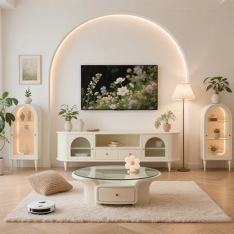 

​​French Retro Cream Style Solid Wood TV Stand Frosted Glass White Paint Storage Small Space Living Room Furniture FYTS​​