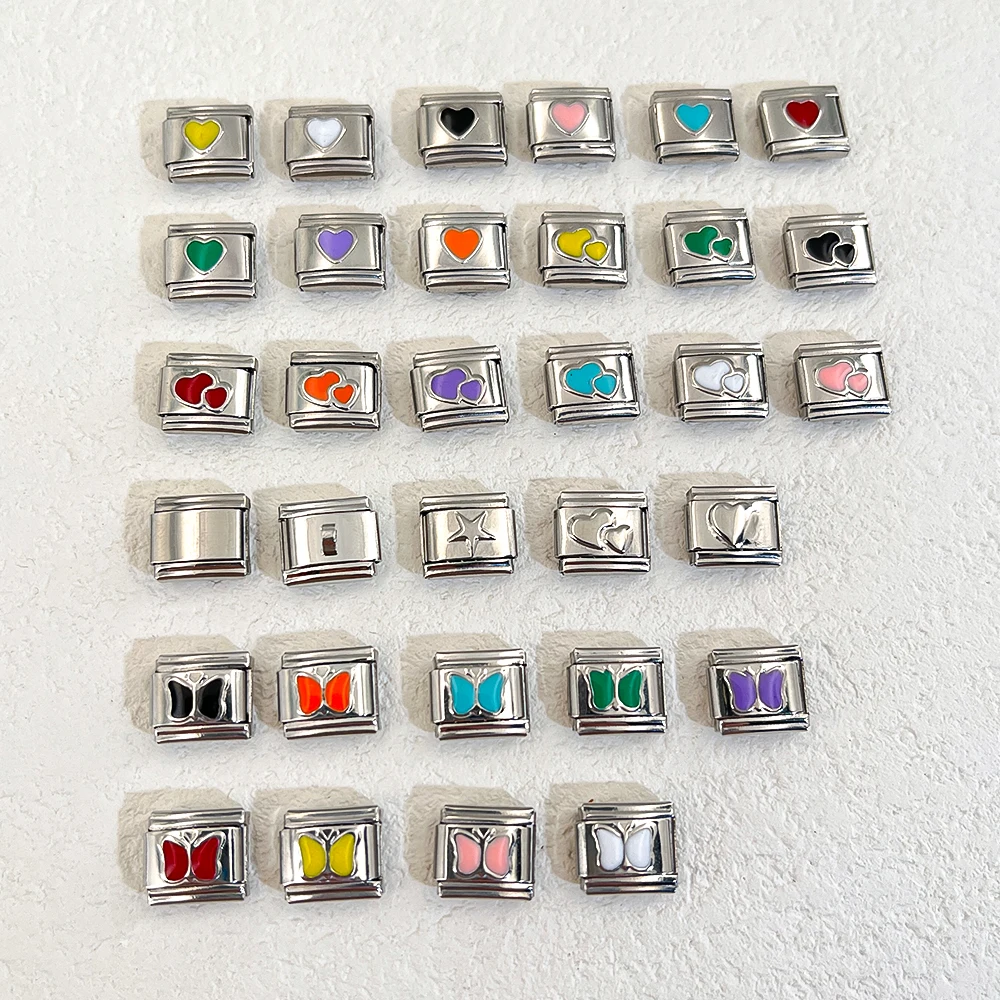 1pc Bracelet Include 18pcs Parts Stainless Steel Enamel Love Heart Star Butterfly Charms Links 9mm DIY Jewelry Making Wholesale image 3