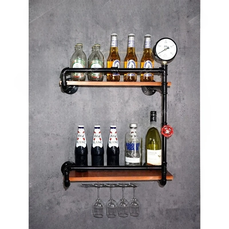 wall rack bar counter wall decoration wall hanging wrought iron solid wood baffle creative water pipe wine rack