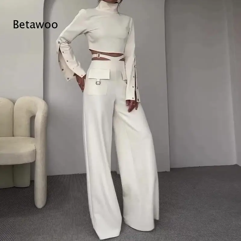 Women's Long Sleeve Turtleneck Crop Top and Wide Leg Pants Two Piece Set with Pocket Detail, Elegant Solid Color Outfit
