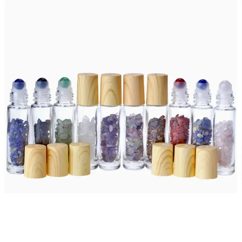 Natural Gemstone Jade Roller Bottle Plastic Wood Grain Lid for Essential Oil Crystal Roll Ball 10ml 10pcs P230