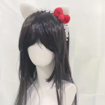 白色貓耳手髮箍,搭配紅色蝴蝶結,Kc Lolita風格手工髮飾,女士頭飾 8 最佳銷售 白色貓耳朵 - №7