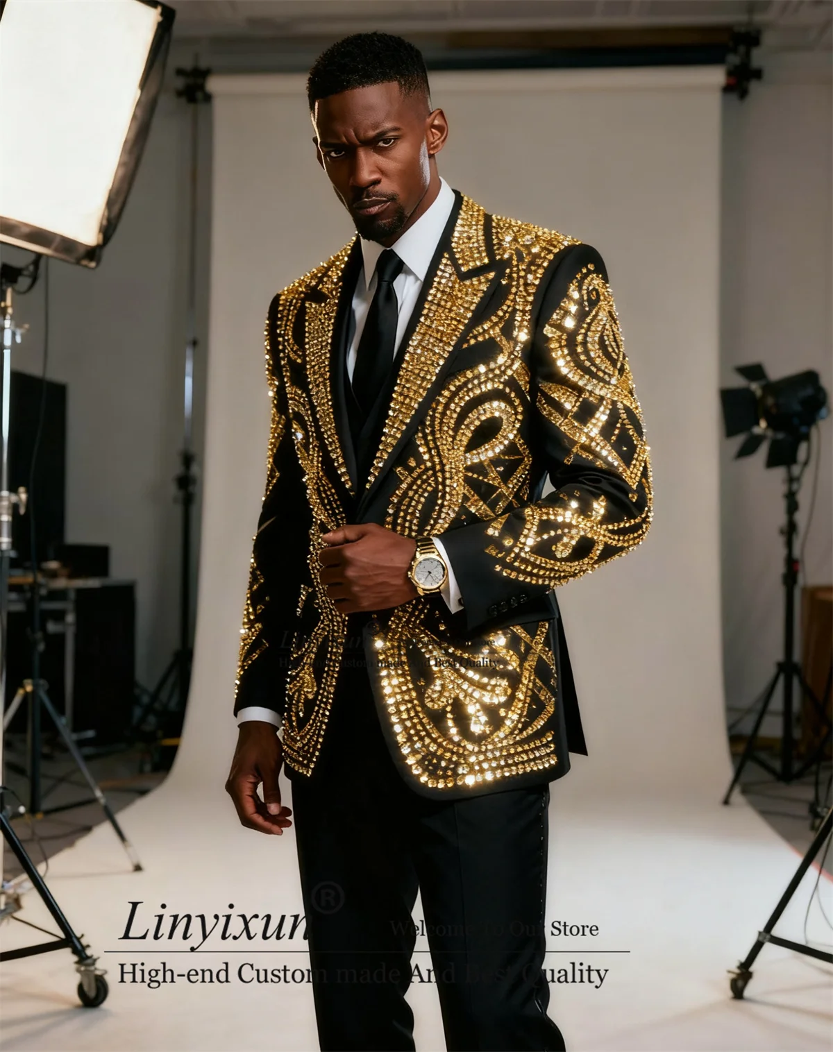 

High End Crystals Rhinestones Men Suits 3 Pieces Sets Formal Slim Fit Tuxedos Ropa hombre Customized Wedding Groom Male Blazers