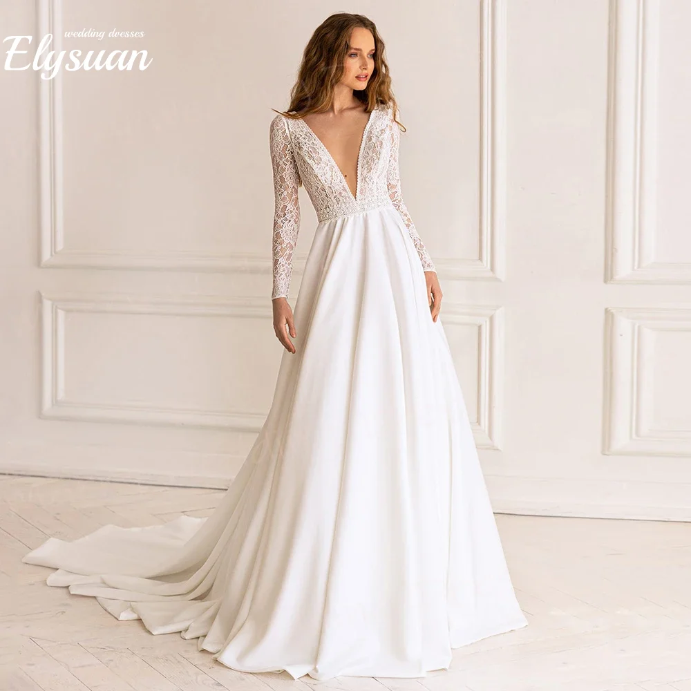 Personnalisé fascinant col en V profond femmes robes De mariée moderne dentelle appliques robes De mariée à manches longues dos nu robes De Novia
