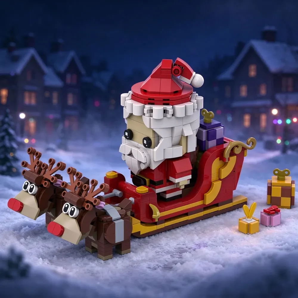MOC Santa Claus Reindeers Bricks Christmas Sleigh Gifts Building Blocks Model Christmas Sleigh Creative Assembly Toys DIY Gifts