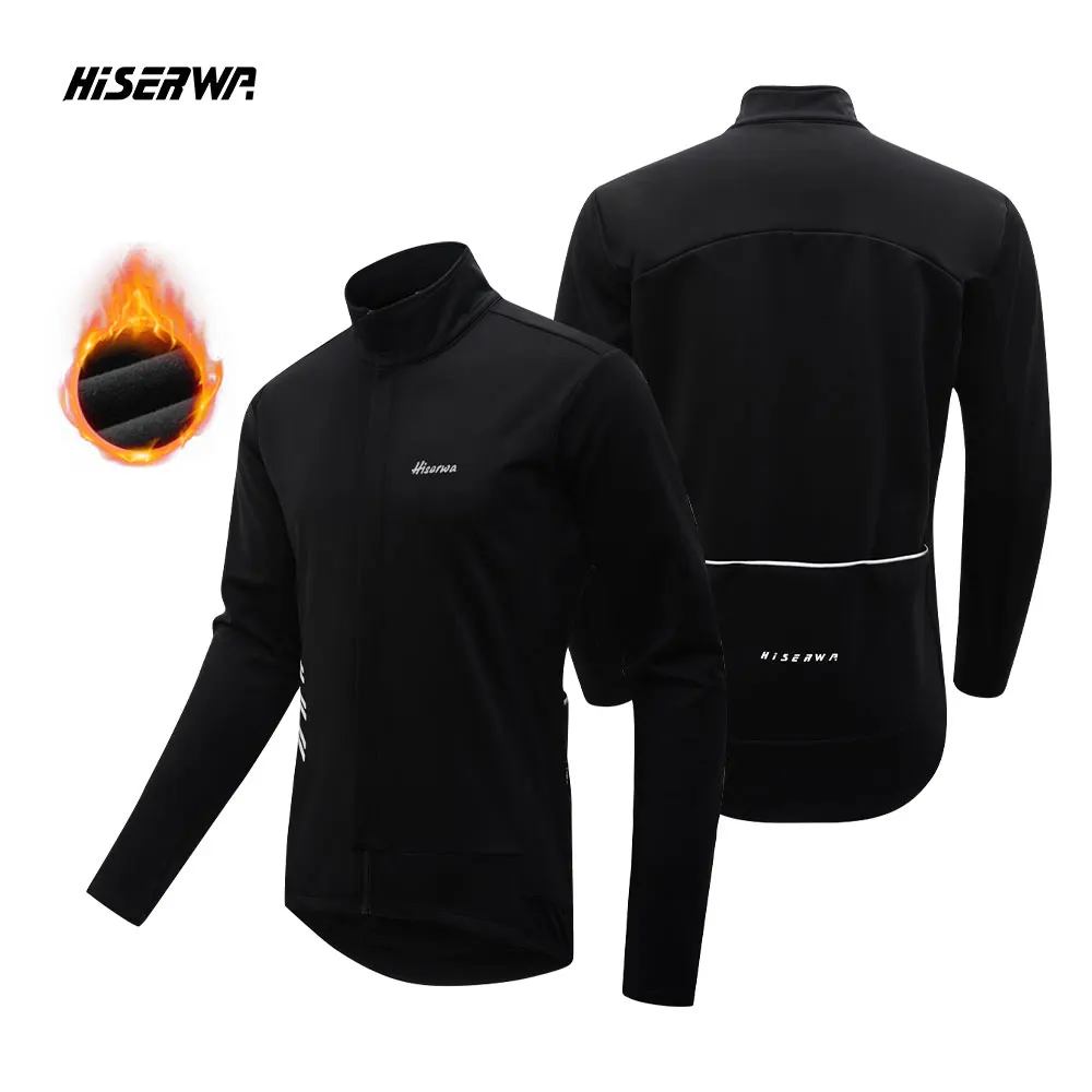 

HISERWA Winter Themal Fleece Black Cycling Jacket Men Waterproof Windbreaker MTB Road Bike Jersey Outdoor Warm Bicycle Jackets